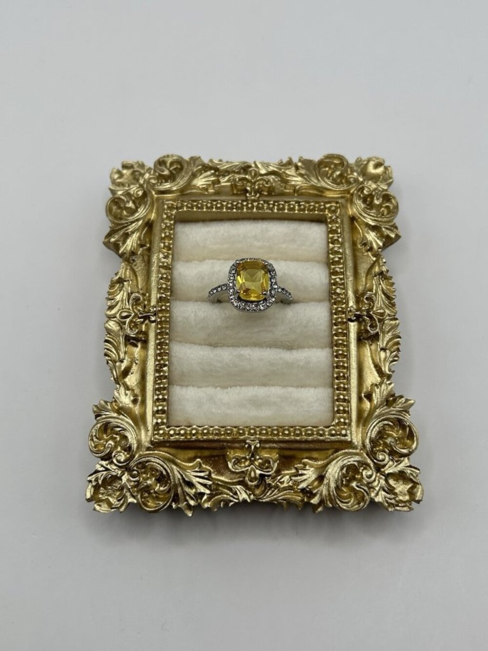 Silver Tone Halo Ring w/ Yellow Cushion Stone & Clear Rhinestones Size 6